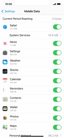 Press the indicators next to the required applications to turn the function on or off.