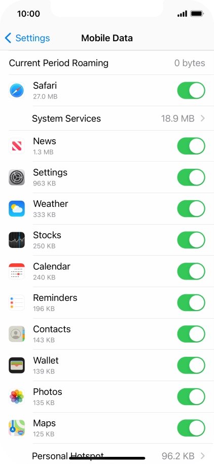 Press the indicators next to the required applications to turn the function on or off.