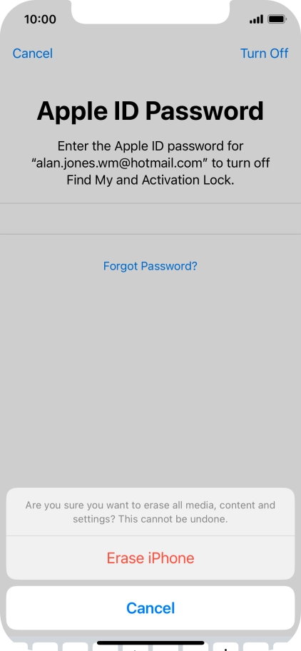 Key in the password for your Apple ID and press Erase iPhone. Wait a moment while the factory default settings are restored. Follow the instructions on the screen to set up your phone and prepare it for use.