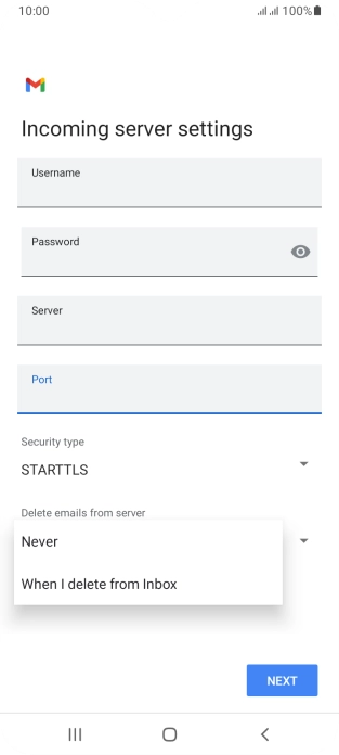 Press Never to keep email messages on the server when you delete them on your phone.