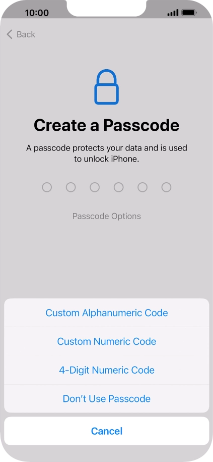 Follow the instructions on the screen to turn on use of phone lock code or press Don't Use Passcode.