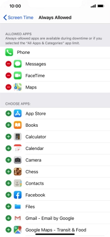 Press the add icon next to the required app to add it to the list of allowed apps during Downtime.