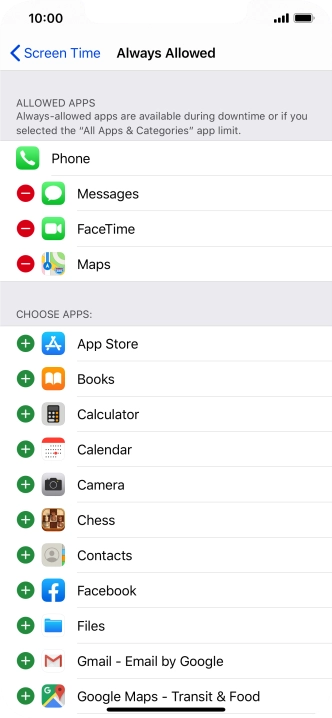 Press the add icon next to the required app to add it to the list of allowed apps during Downtime.