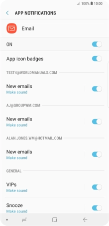 Press the indicator next to the required email account to turn the function on or off.