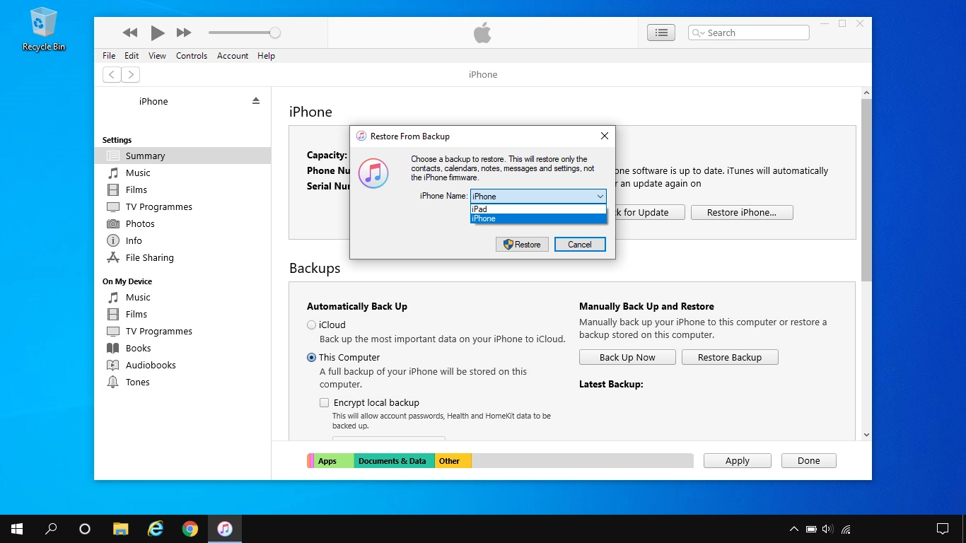 Click the required backup.