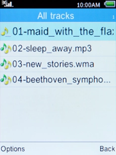 Select the required audio file and press the Left selection key.