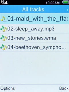 Select the required audio file and press the Left selection key.