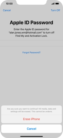 Key in the password for your Apple ID and press Erase iPhone. Wait a moment while the factory default settings are restored. Follow the instructions on the screen to set up your phone and prepare it for use.