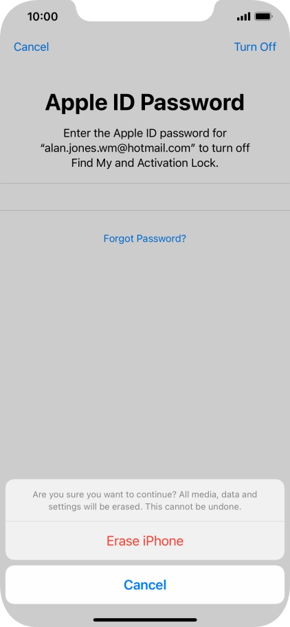 Key in the password for your Apple ID and press Erase iPhone. Wait a moment while the factory default settings are restored. Follow the instructions on the screen to set up your phone and prepare it for use.