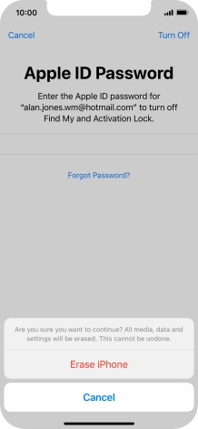 Key in the password for your Apple ID and press Erase iPhone. Wait a moment while the factory default settings are restored. Follow the instructions on the screen to set up your phone and prepare it for use.