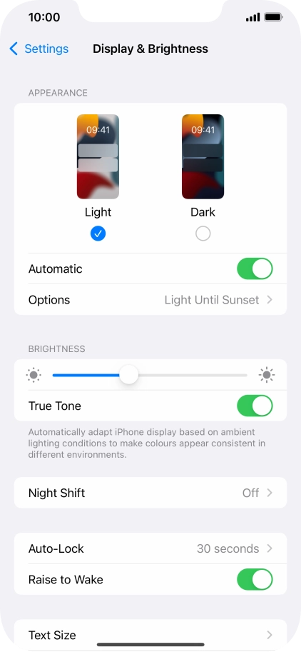 If you turn on the function, press Options and follow the instructions on the screen to select the required period of time for Dark Mode.