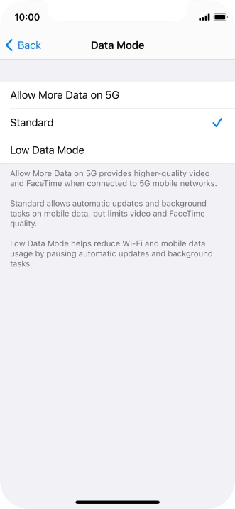 Press the required setting.