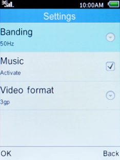 Select Music and press the Left selection key to turn audio recording on or off.