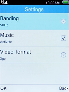 Select Music and press the Left selection key to turn audio recording on or off.
