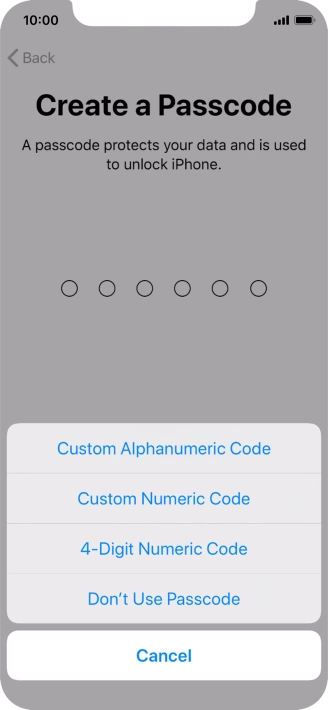 Follow the instructions on the screen to turn on use of phone lock code or press Don't Use Passcode.