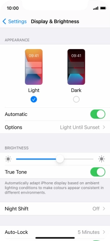 If you turn on the function, press Options and follow the instructions on the screen to select the required period of time for Dark Mode.