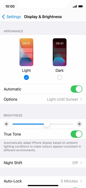 If you turn on the function, press Options and follow the instructions on the screen to select the required period of time for Dark Mode.