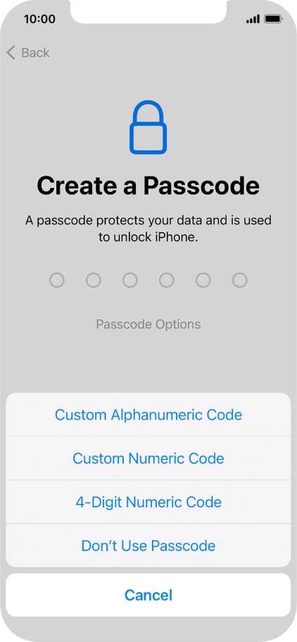 Follow the instructions on the screen to turn on use of phone lock code or press Don't Use Passcode.