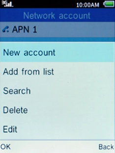 Select New account and press the Left selection key.