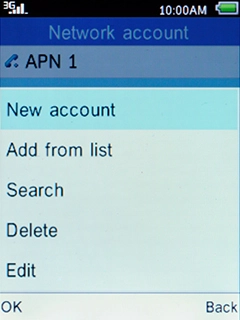 Select New account and press the Left selection key.