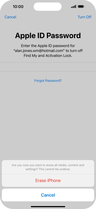 Key in the password for your Apple ID and press Erase iPhone. Wait a moment while the factory default settings are restored. Follow the instructions on the screen to set up your phone and prepare it for use.
