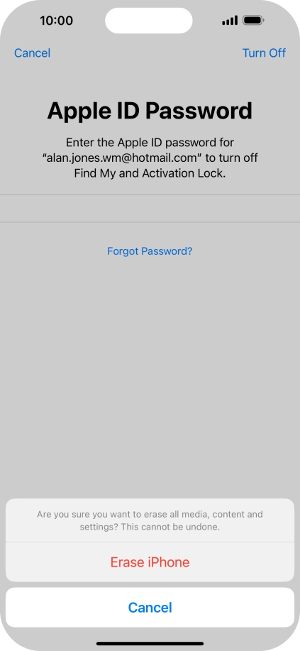 Key in the password for your Apple ID and press Erase iPhone. Wait a moment while the factory default settings are restored. Follow the instructions on the screen to set up your phone and prepare it for use.