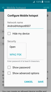 Press WPA2 PSK to password protect your Wi-Fi hotspot.