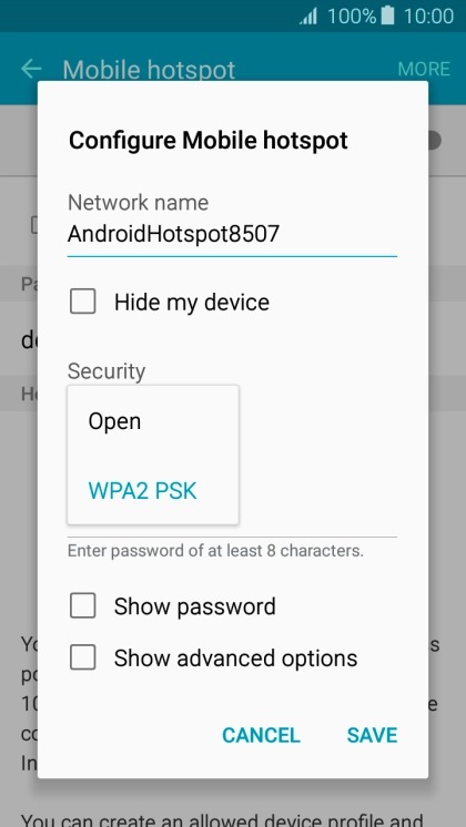 Press WPA2 PSK to password protect your Wi-Fi hotspot.