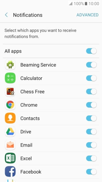 Press the indicator next to the required app to turn the function on or off.