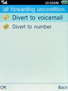 Select Divert to voicemail and press the Left selection key.