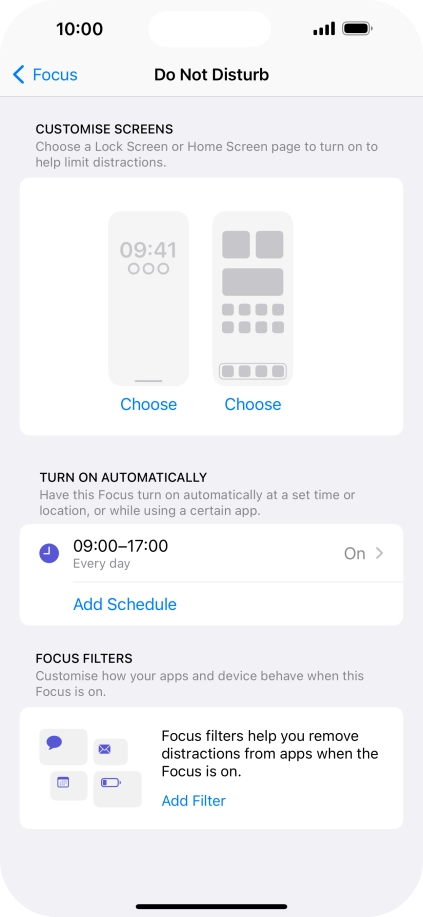 Press Add Schedule and follow the instructions on the screen to select settings for automatic activation of Do Not Disturb.