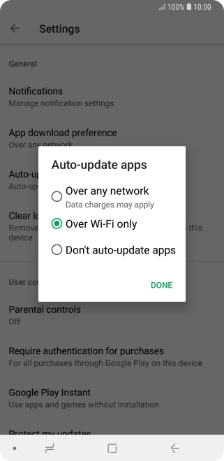 To turn on automatic update of apps using mobile network, press Over any network. Data charges may apply. To turn on automatic update of apps using mobile network, press Over any network. Data charges may apply.