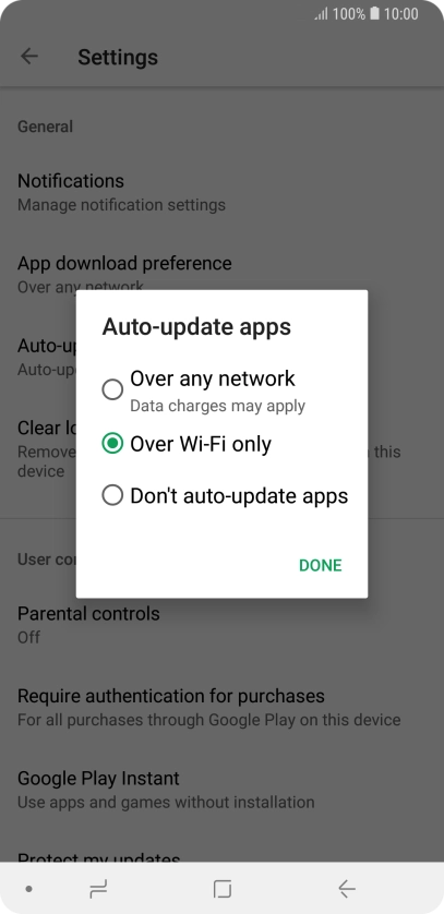 To turn on automatic update of apps using mobile network, press Over any network. Data charges may apply. To turn on automatic update of apps using mobile network, press Over any network. Data charges may apply.