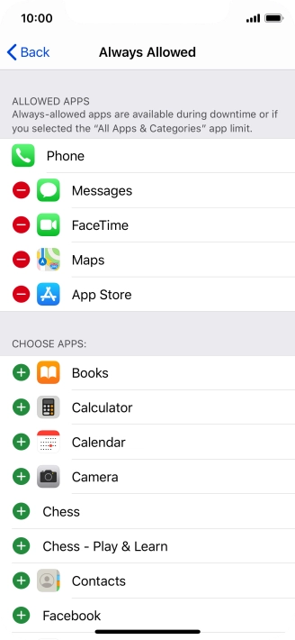 Press the add icon next to the required app to add it to the list of allowed apps during Downtime.