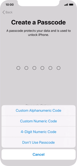 Follow the instructions on the screen to turn on use of phone lock code or press Don't Use Passcode.