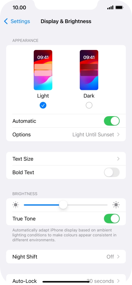 If you turn on the function, press Options and follow the instructions on the screen to select the required period of time for Dark Mode.