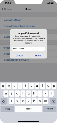 Key in the password for your Apple ID and press Erase. Wait a moment while the factory default settings are restored. Follow the instructions on the screen to set up your phone and prepare it for use. Key in the password for your Apple ID and press Erase. Wait a moment while the factory default settings are restored. Follow the instructions on the screen to set up your phone and prepare it for use.