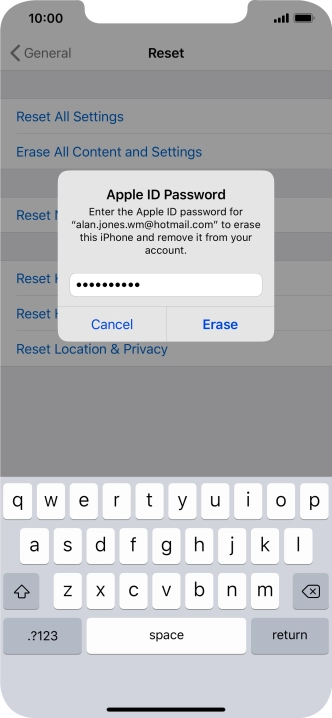 Key in the password for your Apple ID and press Erase. Wait a moment while the factory default settings are restored. Follow the instructions on the screen to set up your phone and prepare it for use. Key in the password for your Apple ID and press Erase. Wait a moment while the factory default settings are restored. Follow the instructions on the screen to set up your phone and prepare it for use.