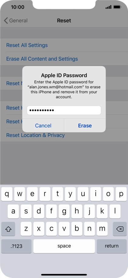 Key in the password for your Apple ID and press Erase. Wait a moment while the factory default settings are restored. Follow the instructions on the screen to set up your phone and prepare it for use. Key in the password for your Apple ID and press Erase. Wait a moment while the factory default settings are restored. Follow the instructions on the screen to set up your phone and prepare it for use.