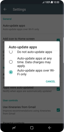 Press Auto-update apps over Wi-Fi only to turn on the function.