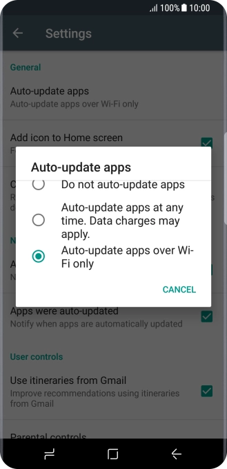 Press Auto-update apps over Wi-Fi only to turn on the function.