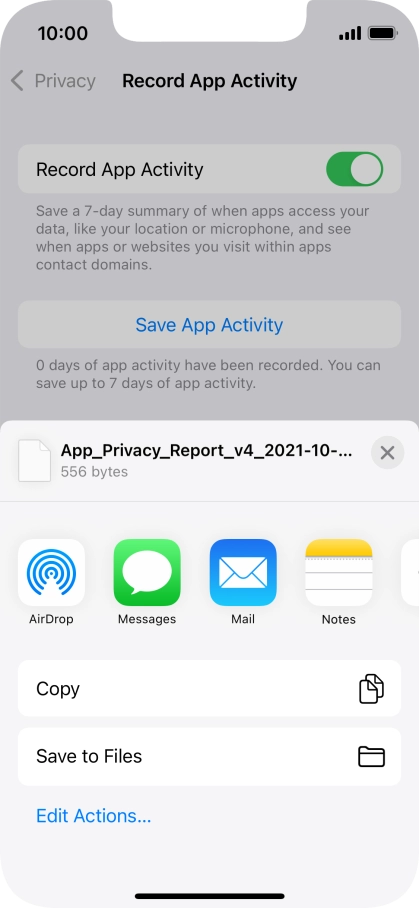 Press the required setting and follow the instructions on the screen to share or save the app activity report.