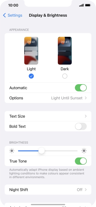 If you turn on the function, press Options and follow the instructions on the screen to select the required period of time for Dark Mode.