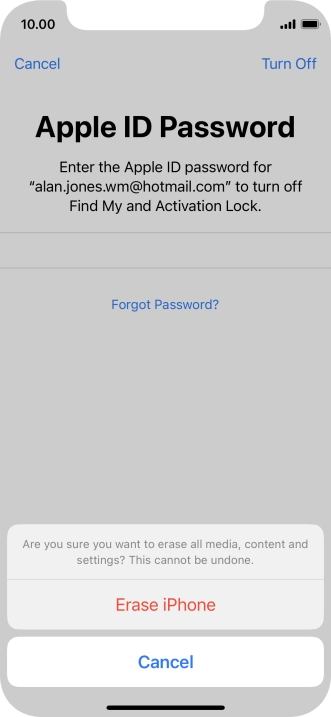Key in the password for your Apple ID and press Erase iPhone. Wait a moment while the factory default settings are restored. Follow the instructions on the screen to set up your phone and prepare it for use.
