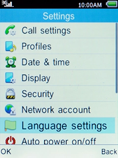 Select Language settings and press the Left selection key.