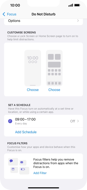 Press Add Schedule and follow the instructions on the screen to select settings for automatic activation of Do Not Disturb. Press Add Schedule and follow the instructions on the screen to select settings for automatic activation of Do Not Disturb.