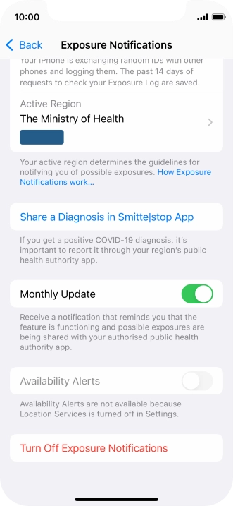 Press Turn Off Exposure Notifications.