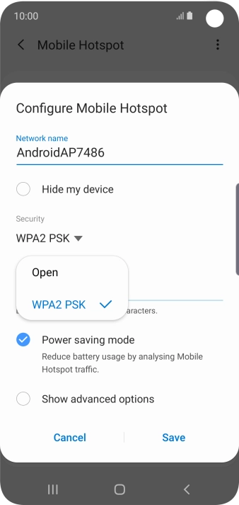 Press WPA2 PSK to password protect your Wi-Fi hotspot.