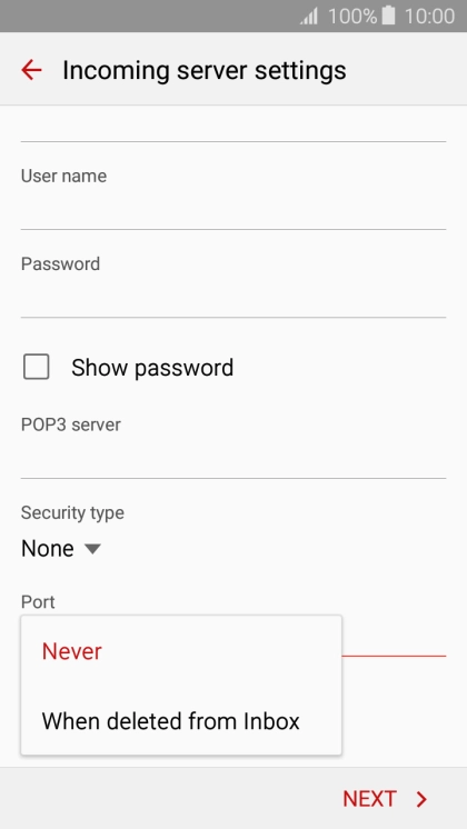 Press Never to keep email messages on the server when you delete them on your phone.