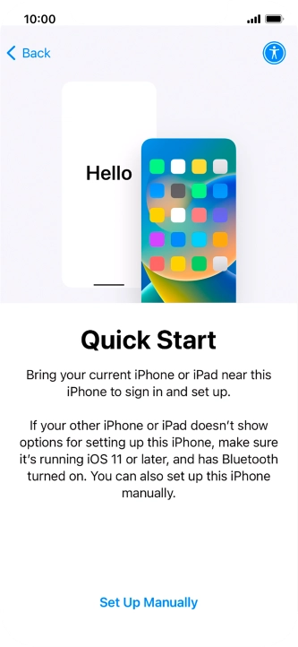 Follow the instructions on the screen to transfer content from another device running iOS 11 or later or press Set Up Manually.